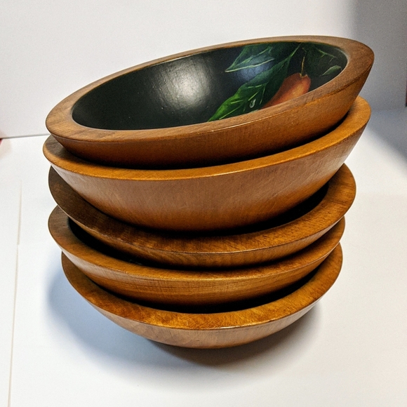 Wooden bowls, small (5) hand painted, signed - Picture 4 of 10